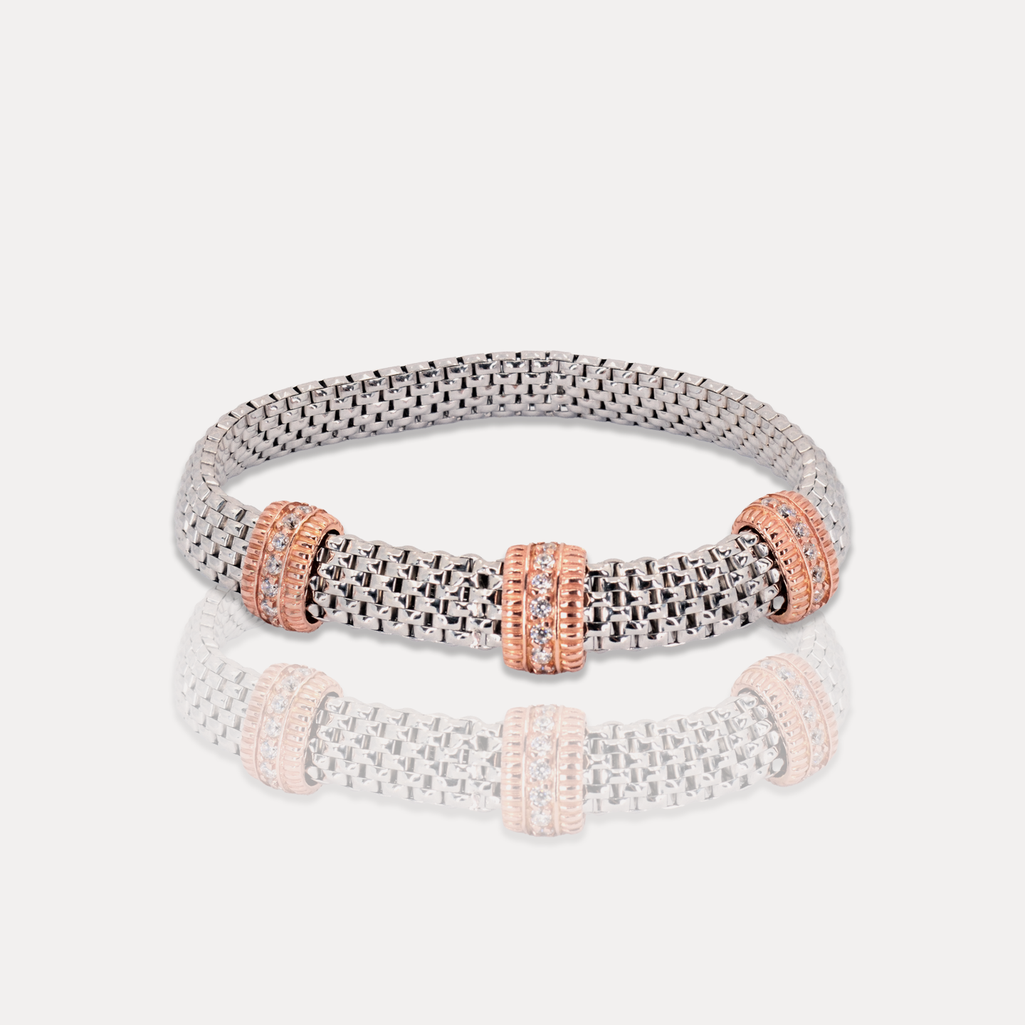 Mideroche Stretch Silver Bracelet, Rose-Gold accents, Rhodium plated, Zirconia stones, Handcrafted