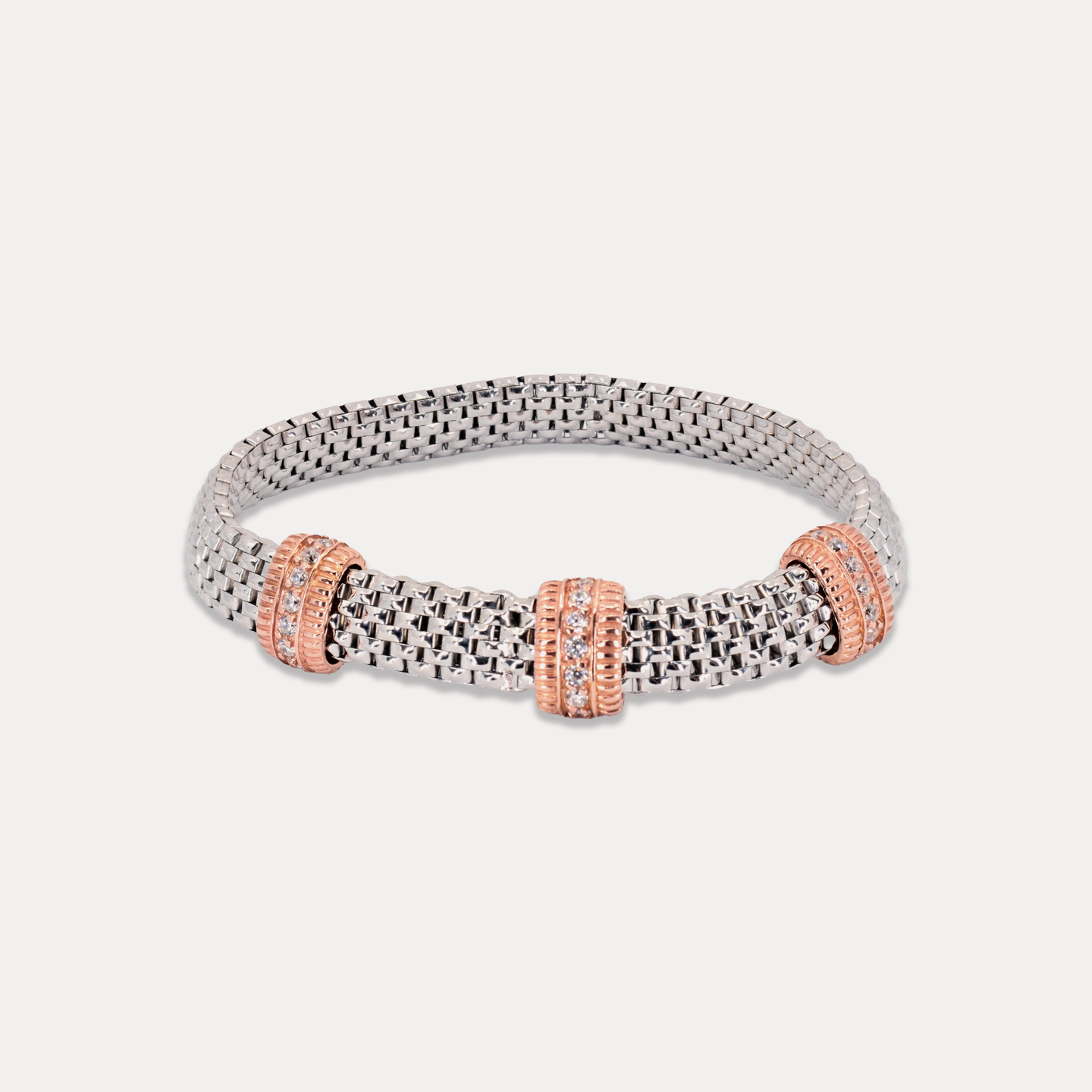 Mideroche Stretch Silver Bracelet, Rose-Gold accents, Rhodium plated, Zirconia stones, Handcrafted